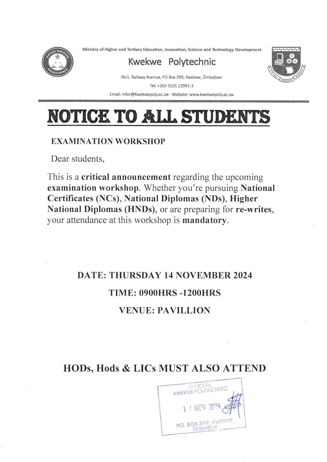 Notice to all Students