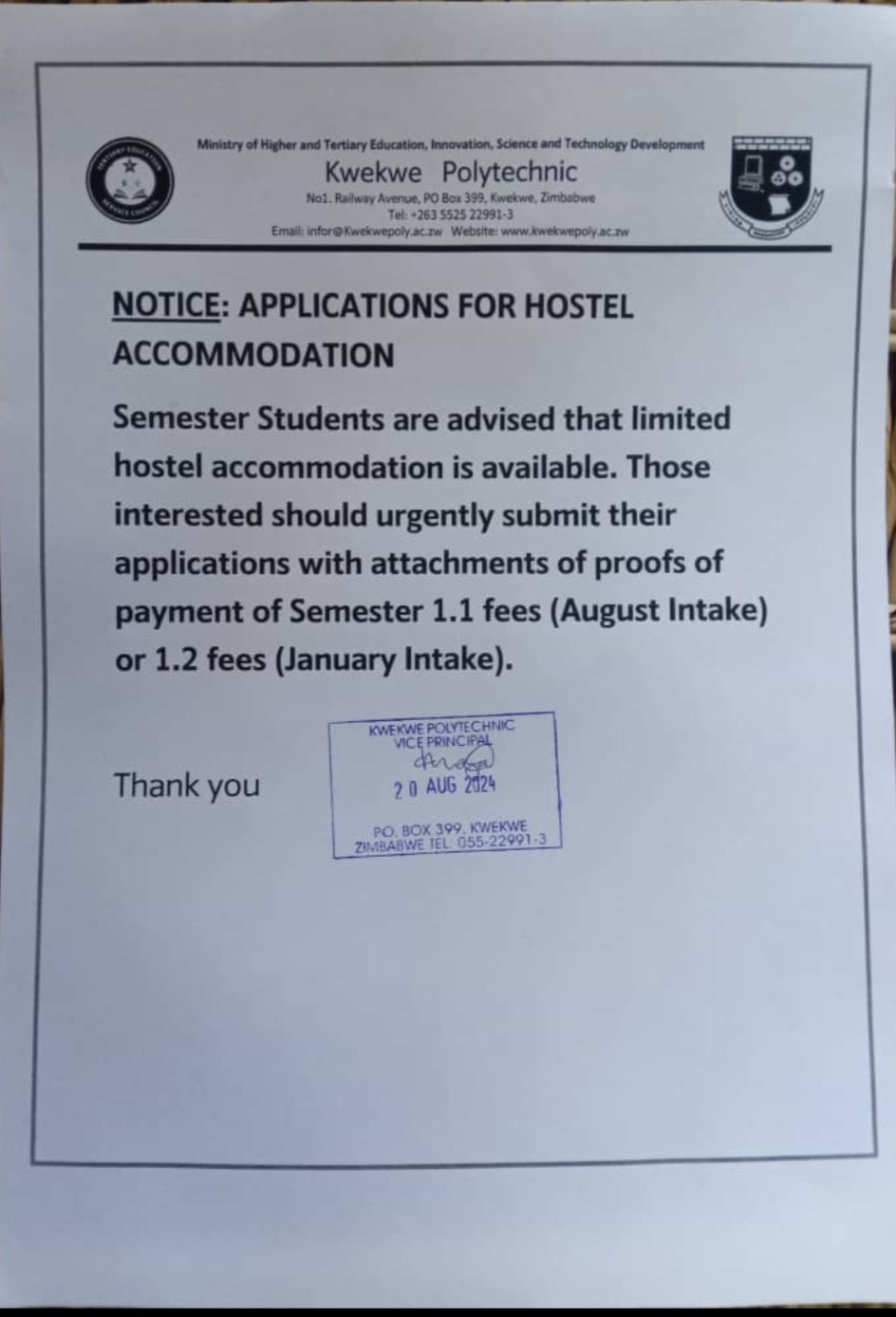 Hostel Accomodation Notice